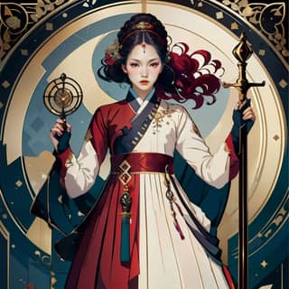 in an oriental dress holding a sword