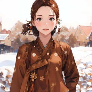 Fille anime en robe marron avec des fleurs sur la tête.