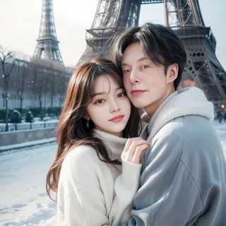 Một cặp đôi đứng trước tháp Eiffel vào mùa đông.