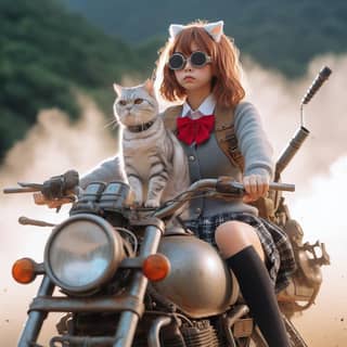 a girl in a school uniform riding a motorcycle with a cat