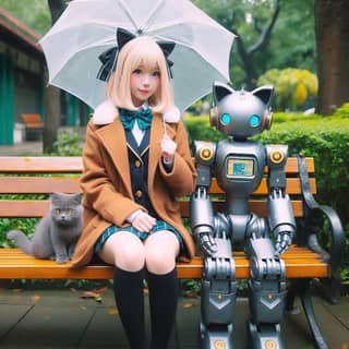 a girl in a school uniform sitting on a bench with a robot