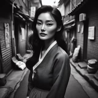 in a kimono is standing in an alley