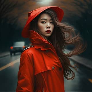 in a red coat standing in the rain