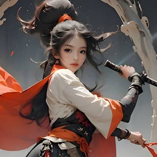in a red dress and black hair holding a sword