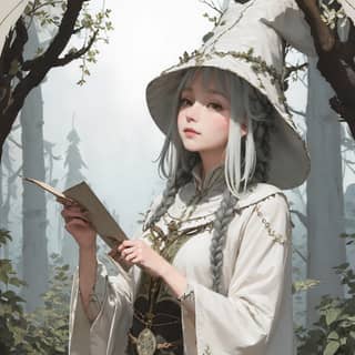 in a white hat and white robe holding a book