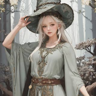 in a witch costume with a hat and long white hair