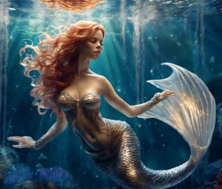 Una sirena sta nuotando nell'oceano.