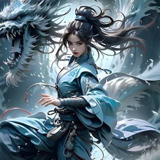 Uma mulher usando um vestido azul com um dragão nas costas.
