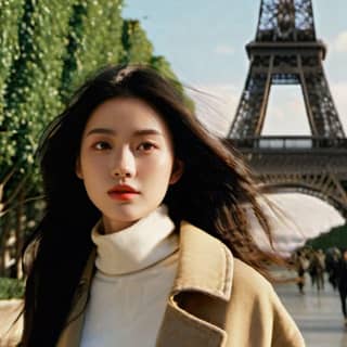 in a coat and white shirt standing in front of the eiffel tower