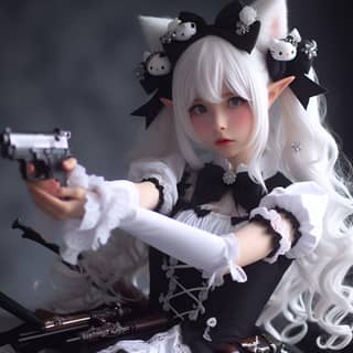 a doll with white hair holding a gun