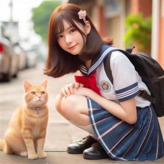 girl in school uniform kneeling down with a cat