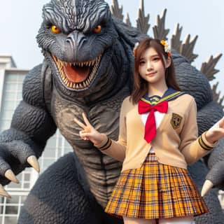 Una ragazza in divisa scolastica sta accanto a una statua di Godzilla.