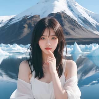 Une femme en robe blanche se tient devant un glacier.