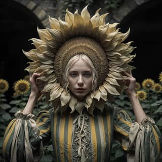 Una persona indossa un cappello a forma di girasole in un campo di girasoli.