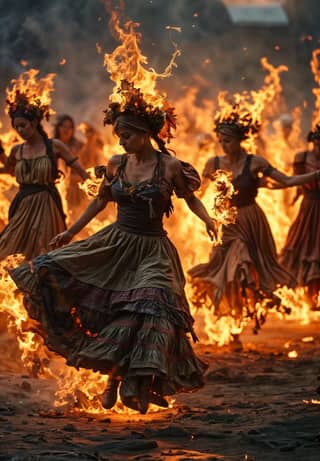 Eine Gruppe von Frauen in Kleidern tanzt um ein Feuer.