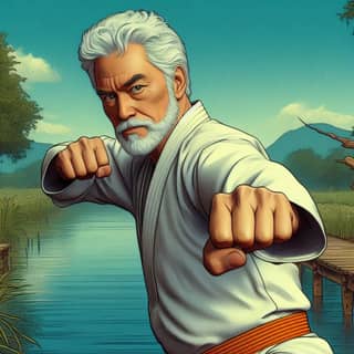 an old man in karate gear is standing by a river