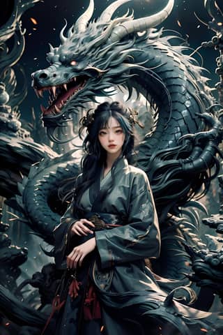 in a black dress and long hair is standing next to a dragon