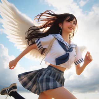 a girl in a school uniform with wings flying