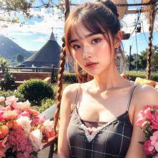 in a plaid dress with flowers