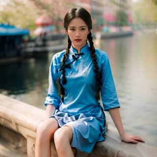 in a blue dress sitting on a stone ledge