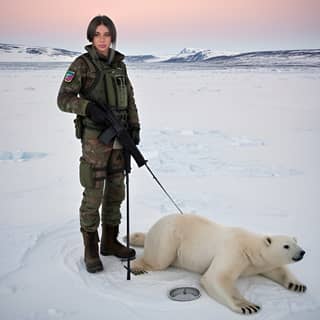 in camouflage standing next to a polar bear