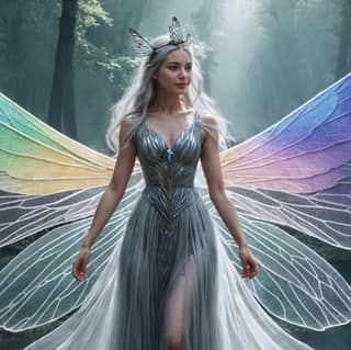 fairy with rainbow wings standing in a forest