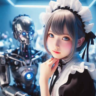 彼女の後ろにロボットがいるメイド服の少女。