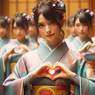 Una persona in kimono tiene un oggetto a forma di cuore.