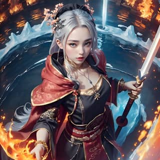 the girl with white hair and red dress holding a sword