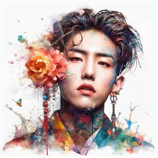 a watercolor portrait of with flowers on his head