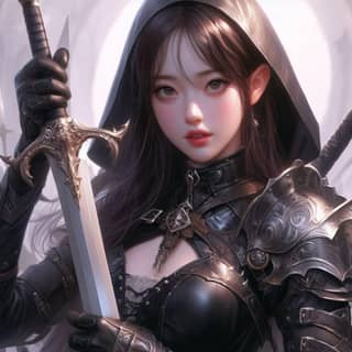 woman in black armor holding two swords