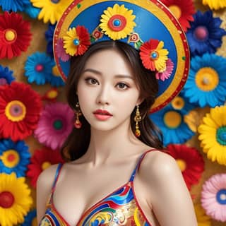 woman in a colorful hat and flowery dress