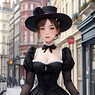 in a black dress and hat walking down the street