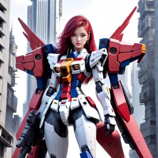 a female robot in a red and white suit standing in front of a city