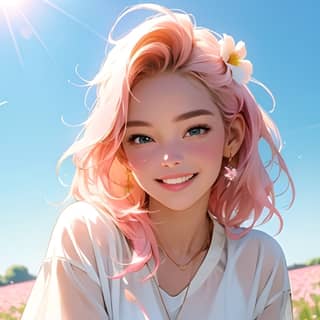 a girl with pink hair and a flower in her hand