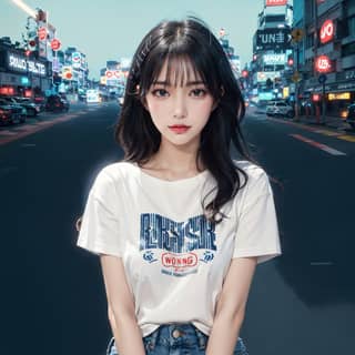 白いTシャツとジーンズを着た人が道端に立っています。