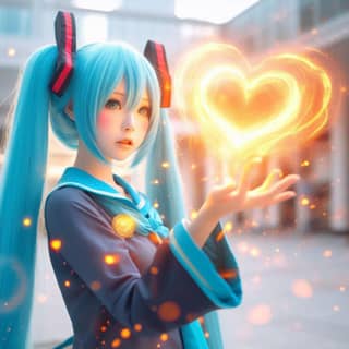 a girl with blue hair holding a heart