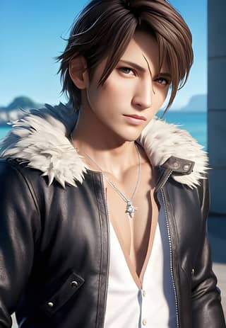 a male character in a leather jacket standing by the ocean