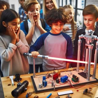 Niños de pie alrededor de una mesa con un sable de luz.