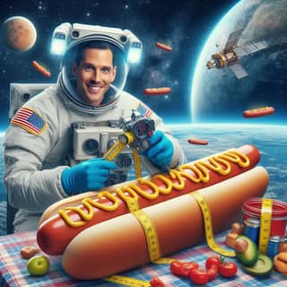 an astronaut is eating a hot dog with a space background