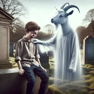 a boy is sitting on a grave with a goat