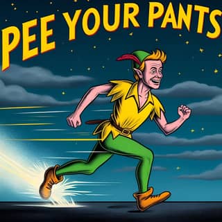 a cartoon character running with the words pee your pants