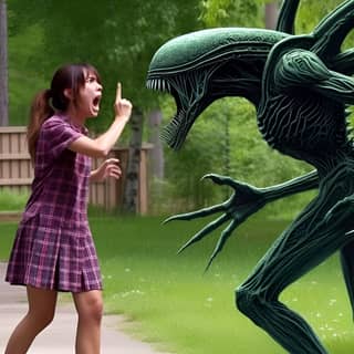 Ein Mädchen schreit ein Alien im Park an.