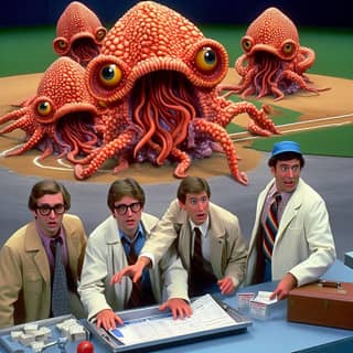 a group of men in suits and ties standing around an octopus