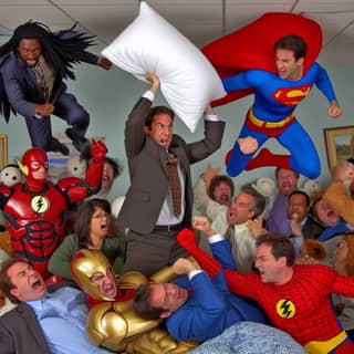 a group of people dressed as superheroes are on a bed