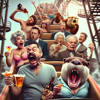 a group of people on a roller coaster with a bear