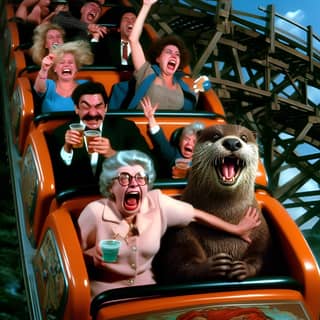 a group of people riding a roller coaster with an otter