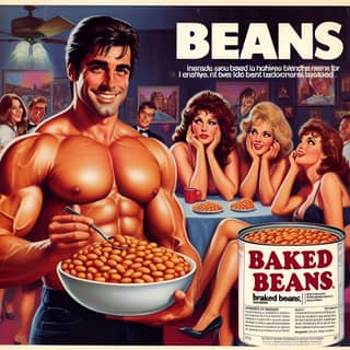 a poster for baked beans with a shirtless man holding a bowl of beans