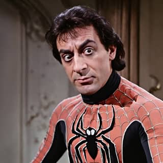 Em um traje do Homem-Aranha com uma máscara preta.