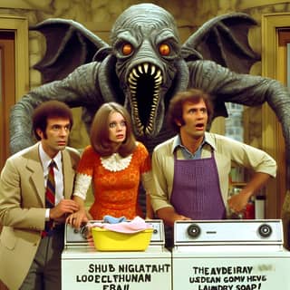 the three people are standing in front of a giant monster